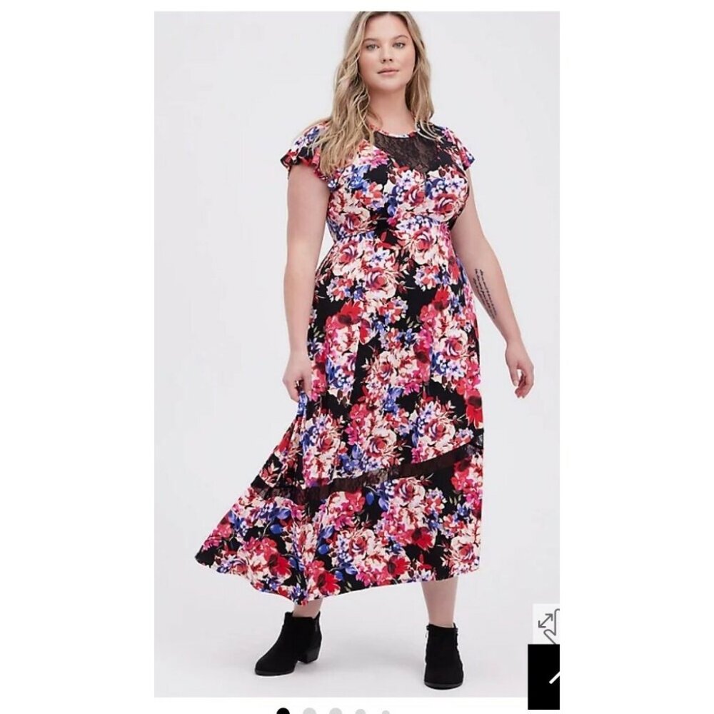 Women's NWT Torrid Black Skater Midi Dress- Studio Knit Lace Neck Floral, Size 4 - Picture 1 of 6